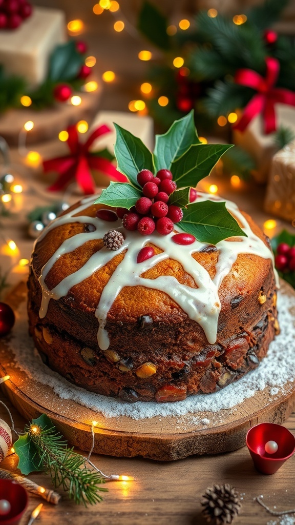 A traditional Christmas fruitcake decorated with dried fruits and nuts, surrounded by festive decorations.
